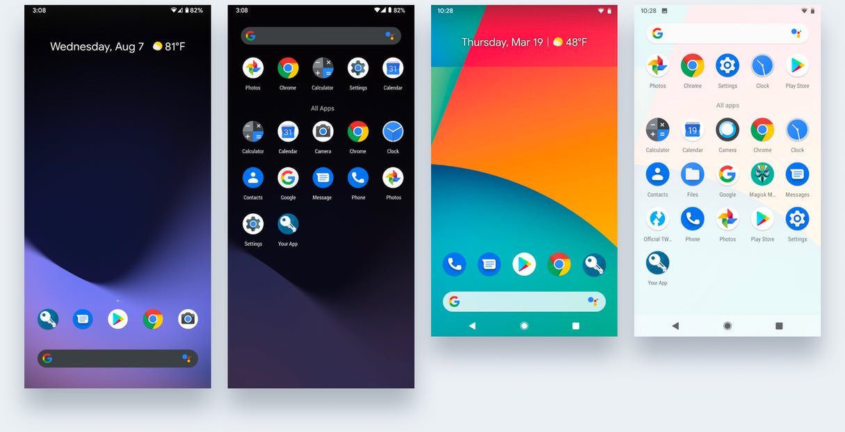 Vier Ansichten eines Android-Gerätes mit dem Zoll-Icon in verschiedenen Kontexten wie dem Lock Screen oder dem App Drawer.