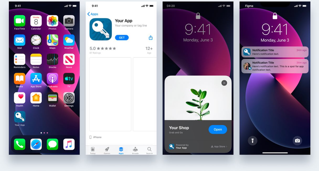 Vier Ansichten eines iOS-Gerätes mit dem Zoll-Icon in verschiedenen Kontexten wie dem Home Screen oder im App Store.
