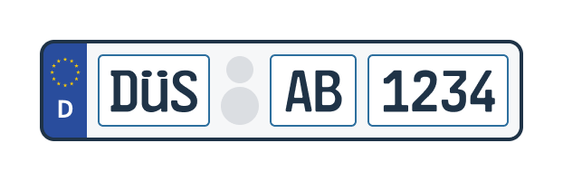Beispielhafte Darstellung eines gestalteten KFZ-Kennzeichens mit 3 getrennten Eingabefeldern.