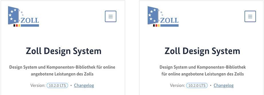 2 Screenshots der Startseite des Design Systems auf mobilen Breakpoints, einer mit deutlich verbesserten Zeilenumbrüchen.