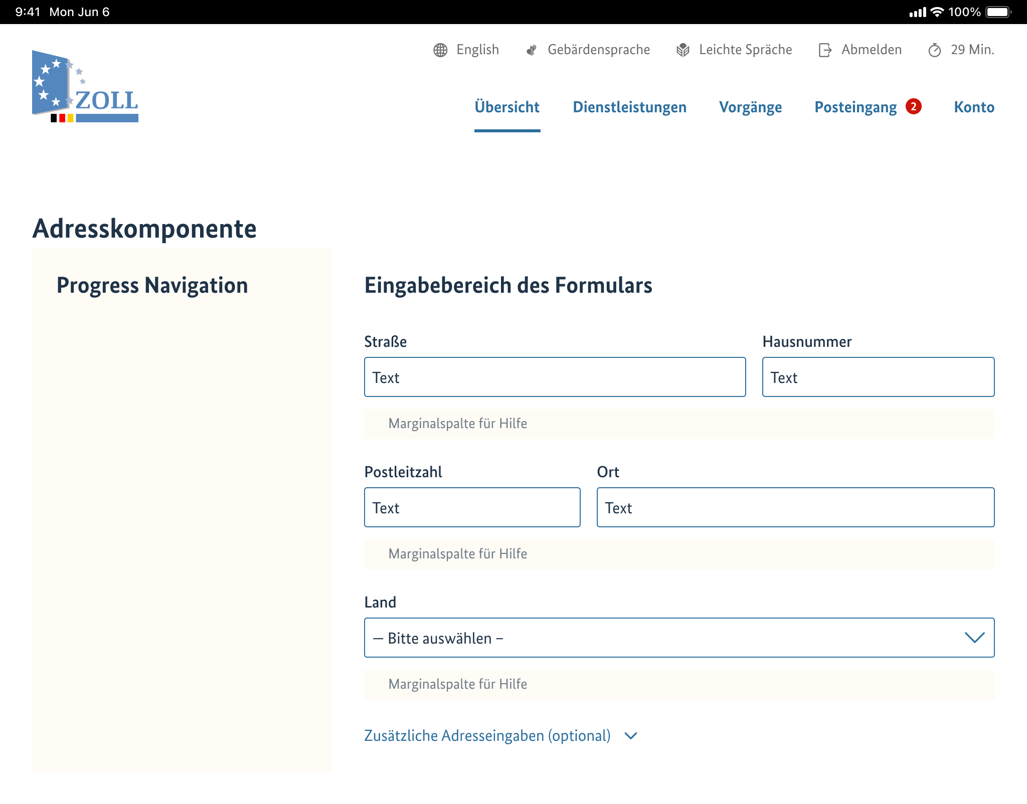 Nächstgrößere Geräteklasse, zweispaltiges Layout der Seite mit Fortschrittsnavigation links und Adresseingabe rechts.