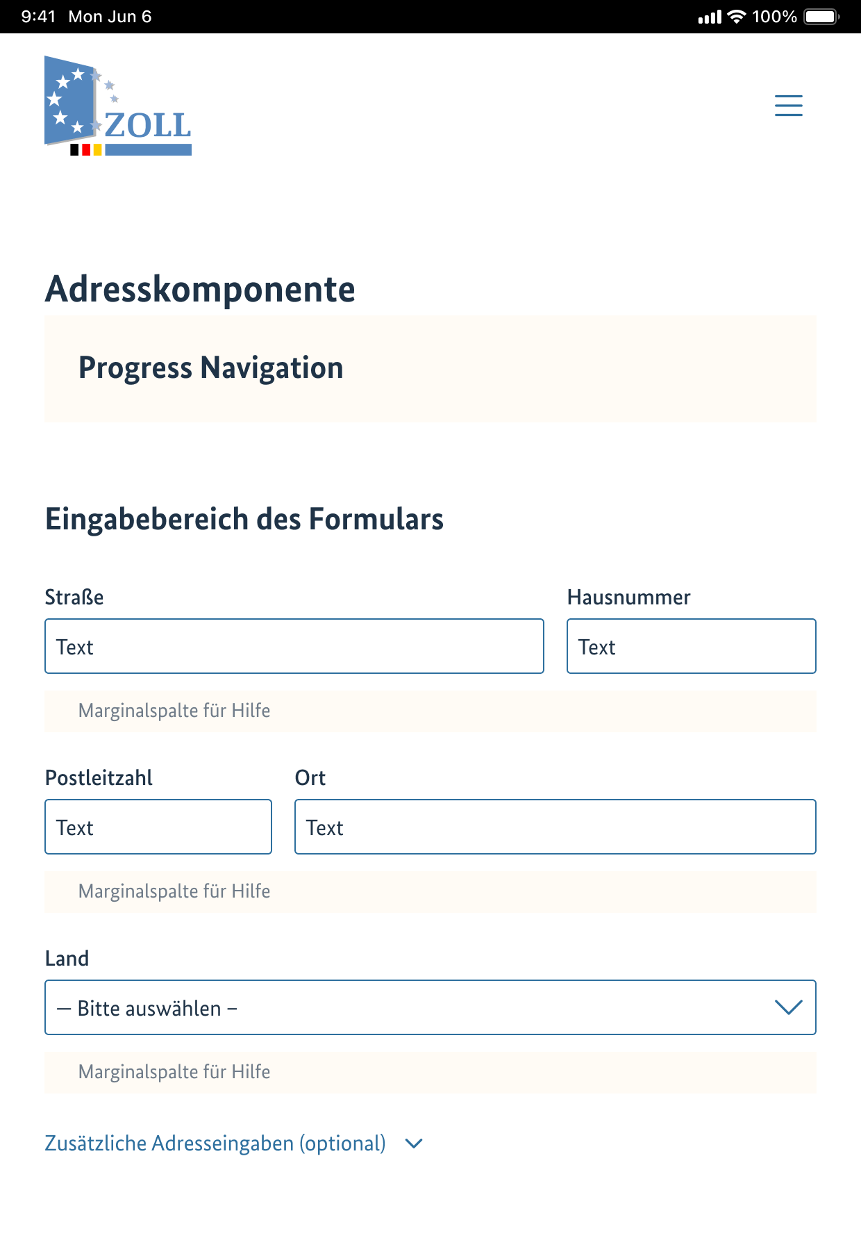 Tablet-Geräteklasse, Felder wie Straße und Hausnummer oder PLZ und Ort stehen nun nebeneinander.