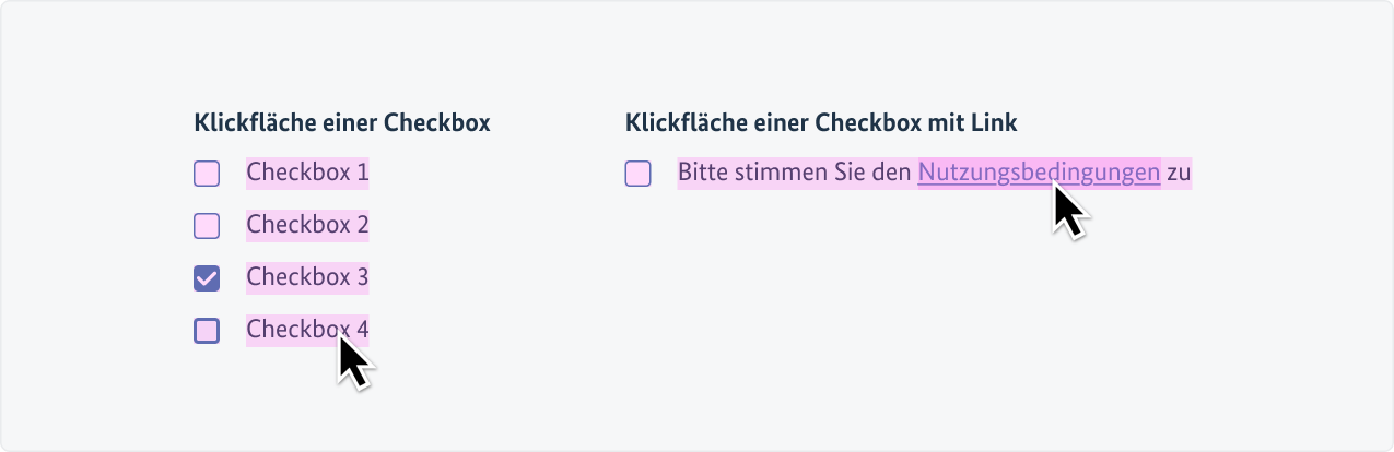Beispielhafte Checkboxes mit farblich hervorgehobenen Klickflächen.