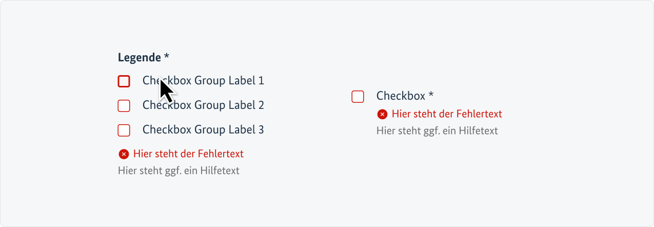 Beispielhafte Checkboxes mit Fehlerzuständen und zugeordneten Hinweistexten.
