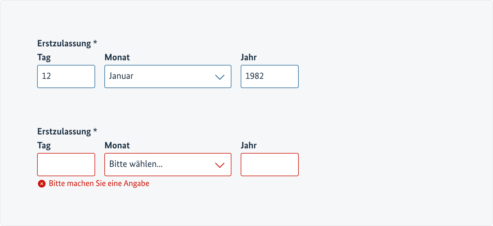 Beispielhaftes Fieldset mit Pflichtfeld-Markierung an der Legende und einem Fehlerzustand am enthaltenen Formularelement.