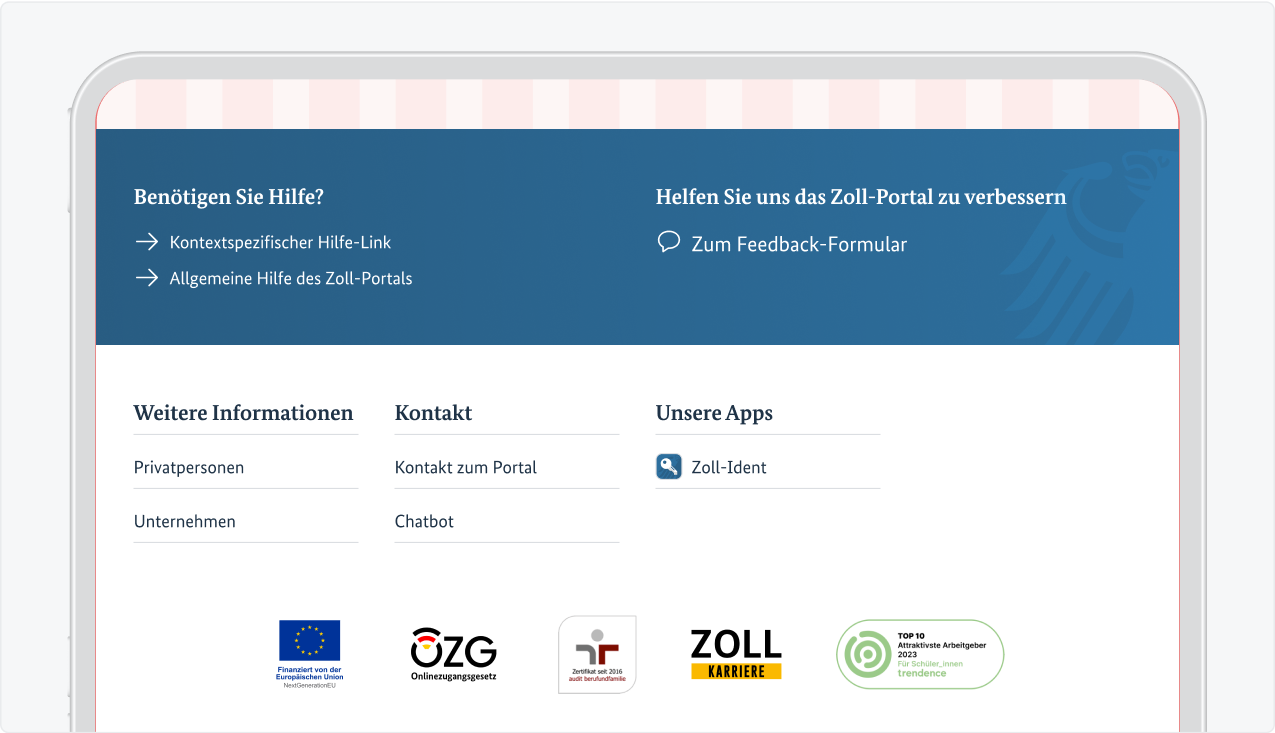 Screenshot des Footers (obere Hälfte) in der Größe LG mit den Inhalten in  Spalten.