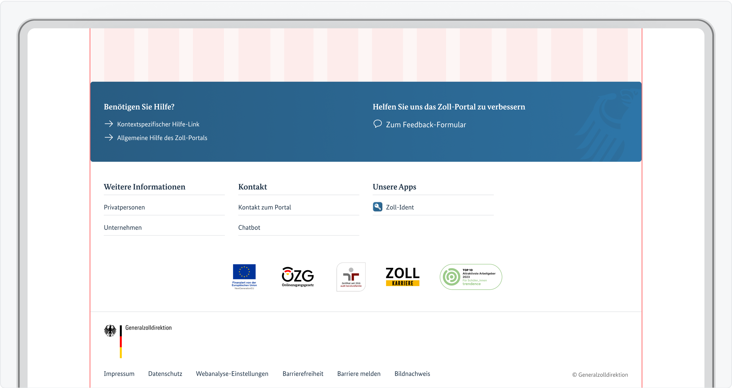 Screenshot des Footers (obere Hälfte) in der Größe LG mit den Inhalten in  Spalten.