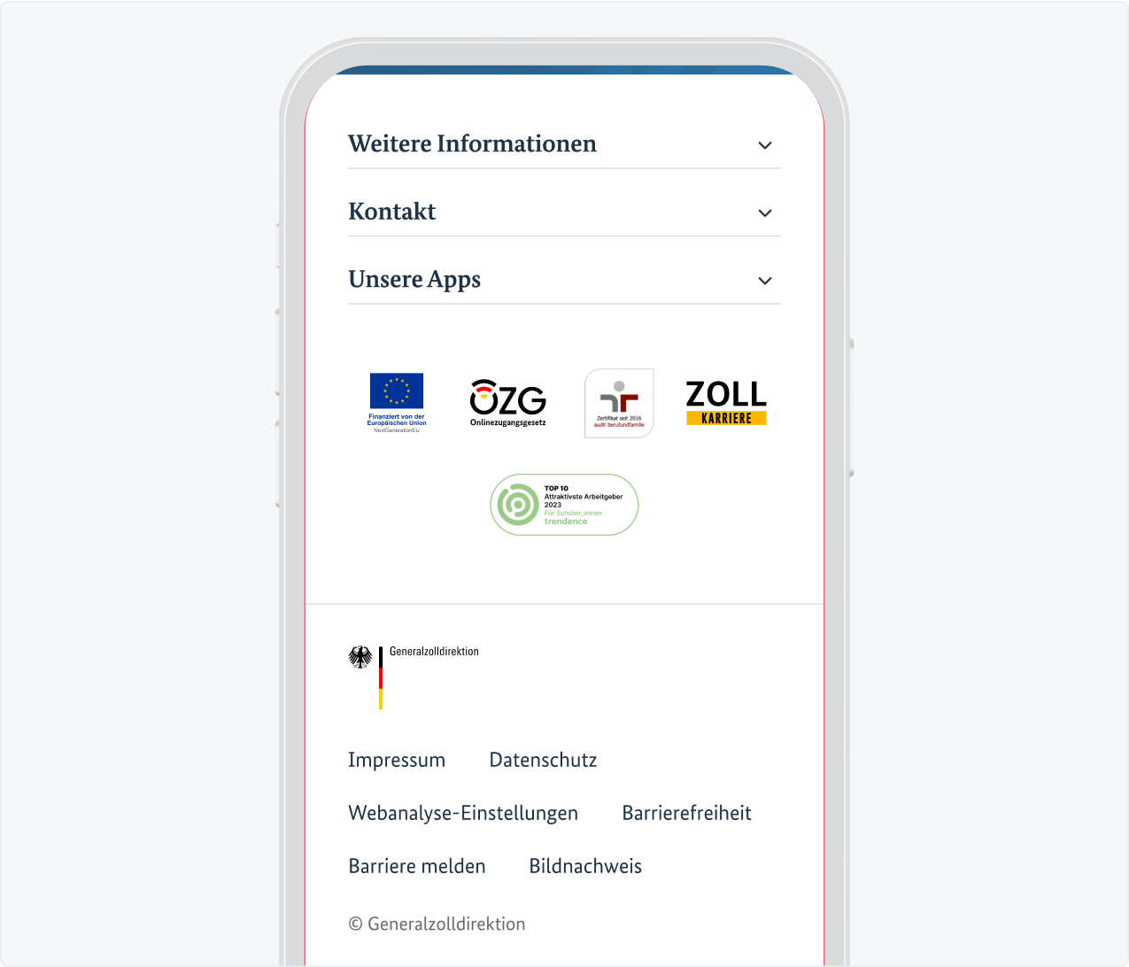 Screenshot des Footers (untere Hälfte) mit den enthaltenen Links in der vertikalen Anordnung als Akkordeon.