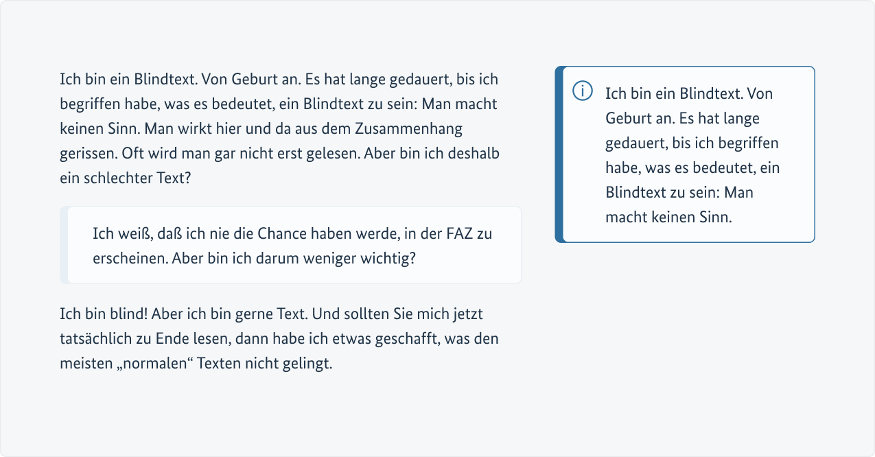 Eine Hinweisbox als Unterbrecher in einem Fließtext, eine Hinweisbox alleine stehend in einer Marginalspalte.