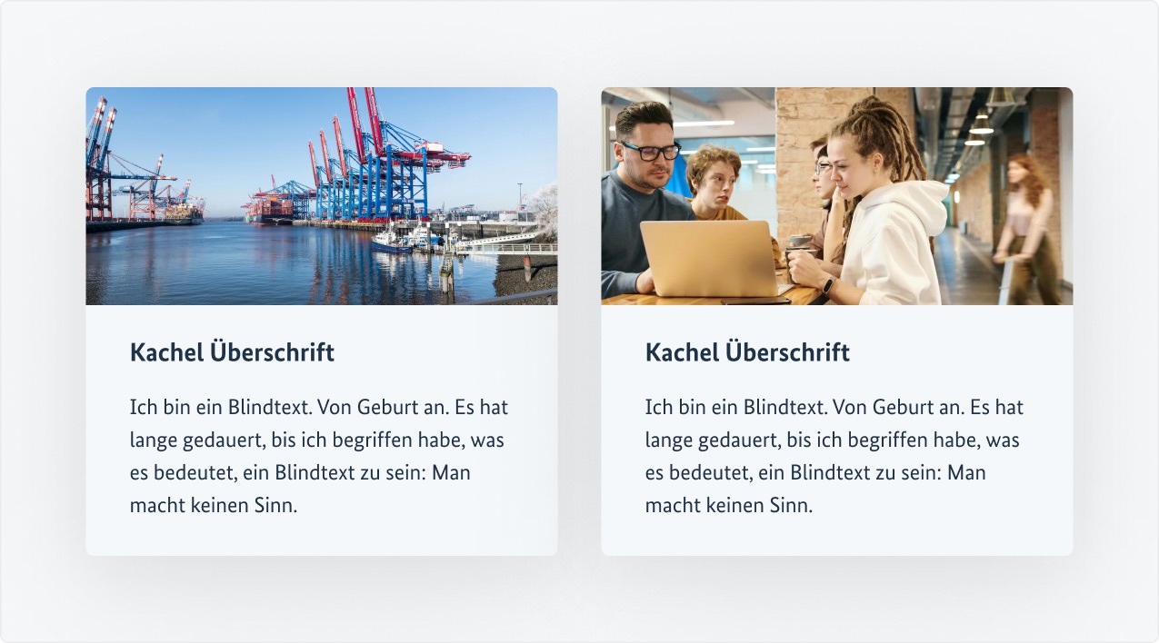 2 nebeneinander angeordnete Kacheln jeweils mit Bild, darunter Überschrift und Text.