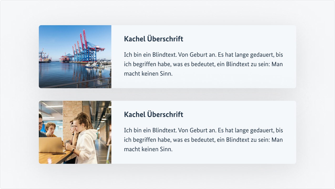 2 untereinander angeordnete Kacheln jeweils mit Bild, daneben Überschrift und Text.