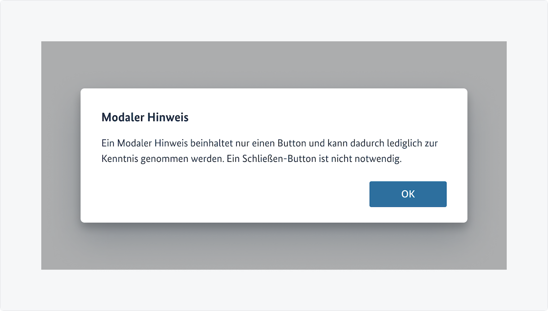 Modaler Hinweis-Dialog mit Überschrift, Hinweistext und OK-Button.