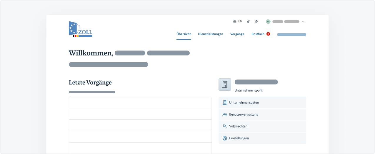 Subnavigation in der Vorgangsübersicht des Zoll-Portals