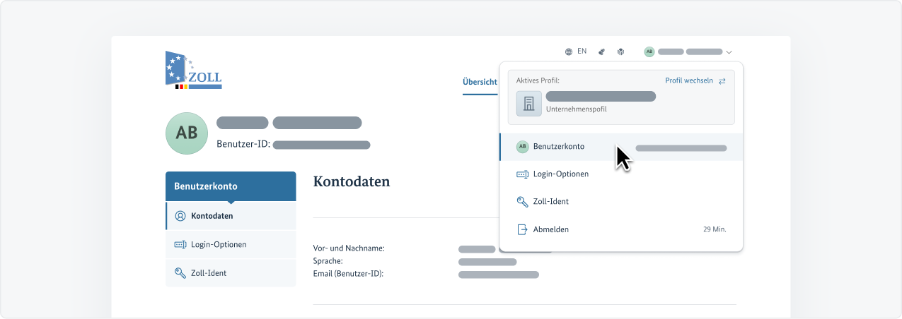 Subnavigation im Nutzerkonto des Zoll-Portals