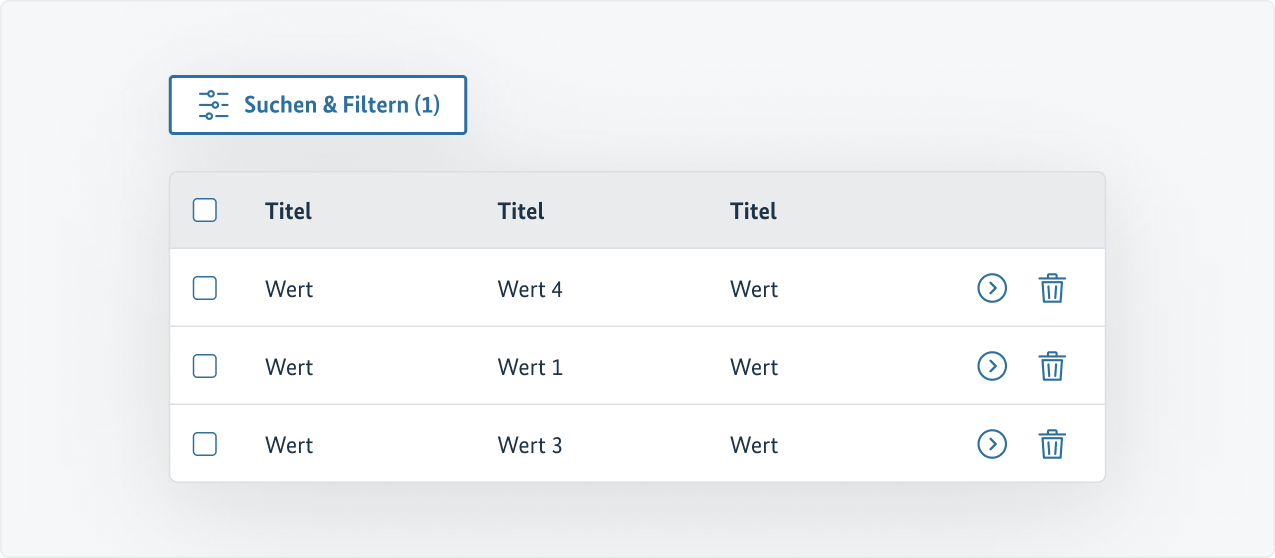 Tabelle mit vorangestellter Filter-Komponente in geschlossenem Zustand und aktivem Filter.