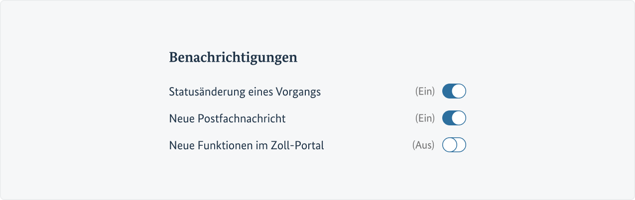 Toggle Switches tzur Aktivierung verschiedenener Arten von Benachrichtigungen im Zoll-Portal.